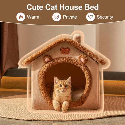 Dog House Dog Bed with Cover Cave with Non-Slip Bottom, M Size Tent Bed for 6-11 Lb Dogs and 9-17 Lb Cats, Brown