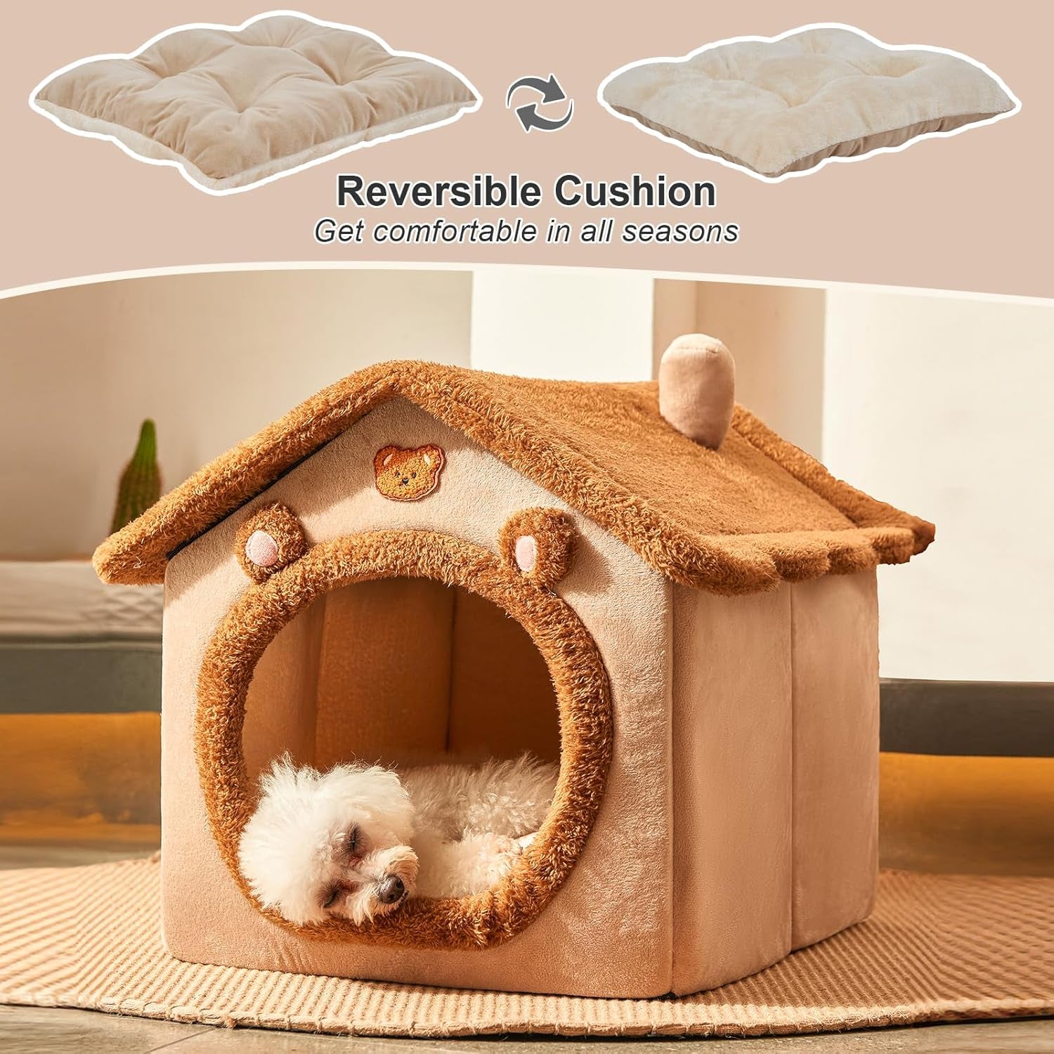 Dog House Dog Bed with Cover Cave with Non-Slip Bottom, M Size Tent Bed for 6-11 Lb Dogs and 9-17 Lb Cats, Brown