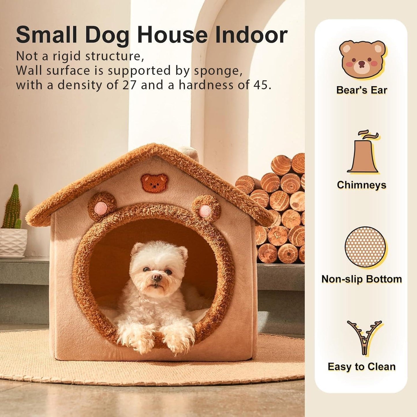 Dog House Dog Bed with Cover Cave with Non-Slip Bottom, M Size Tent Bed for 6-11 Lb Dogs and 9-17 Lb Cats, Brown