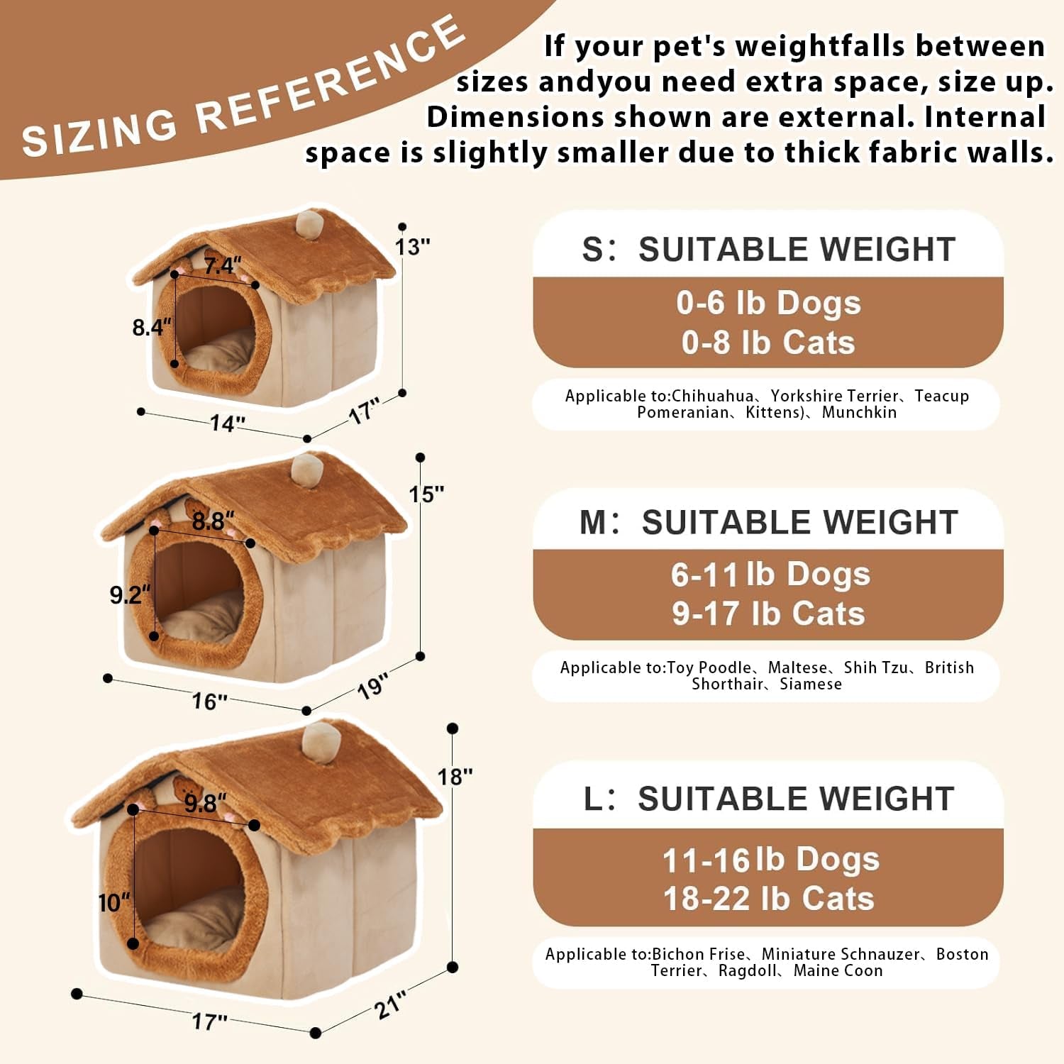 Dog House Dog Bed with Cover Cave with Non-Slip Bottom, M Size Tent Bed for 6-11 Lb Dogs and 9-17 Lb Cats, Brown