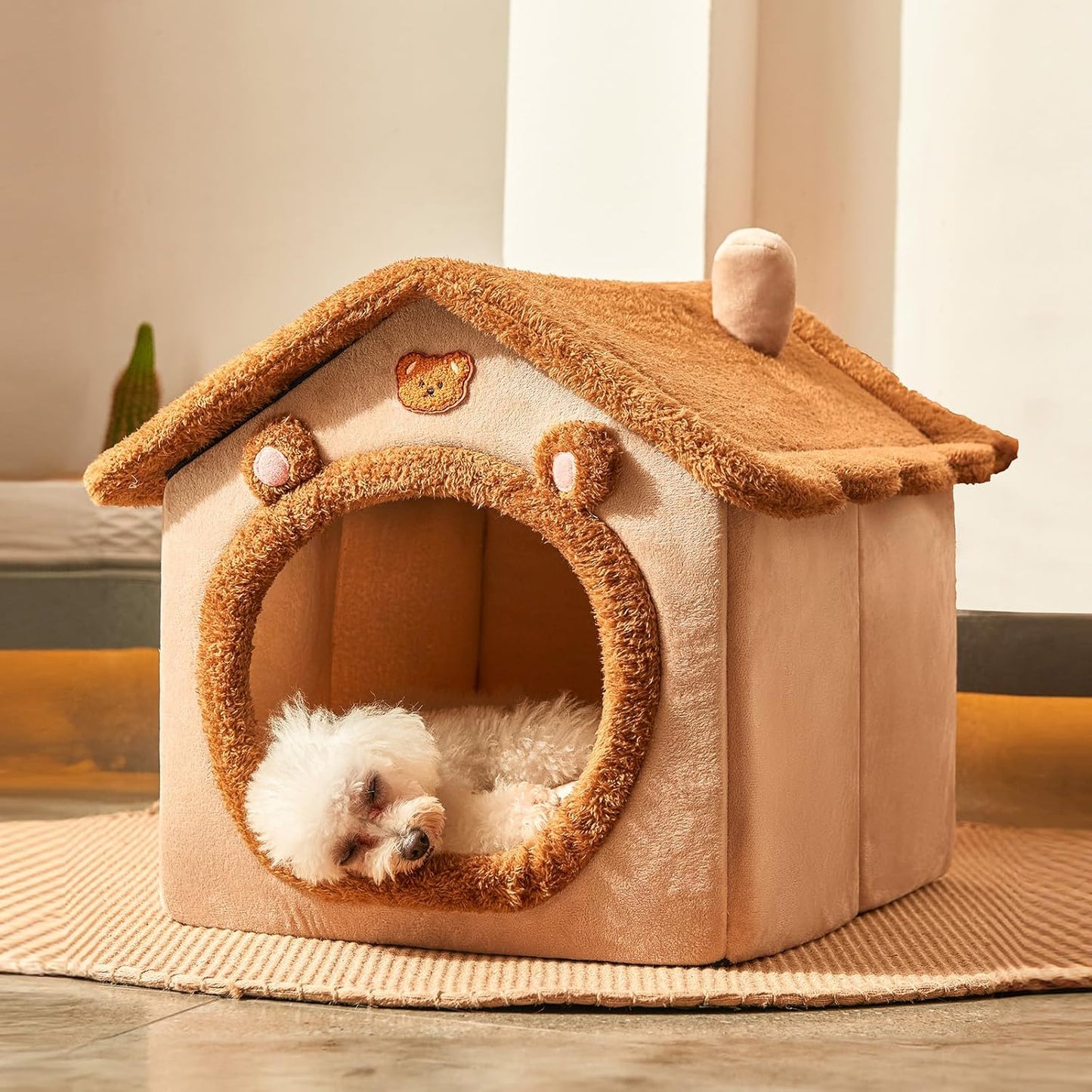 Dog House Dog Bed with Cover Cave with Non-Slip Bottom, M Size Tent Bed for 6-11 Lb Dogs and 9-17 Lb Cats, Brown