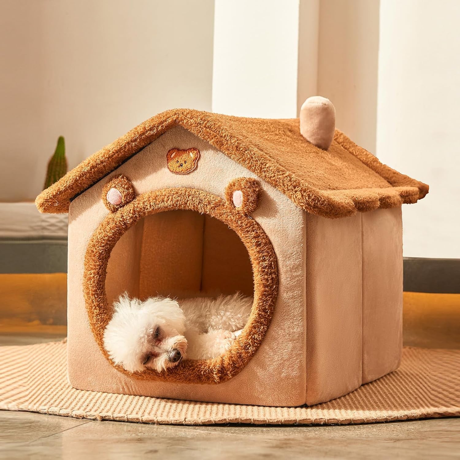 Dog House Dog Bed with Cover Cave with Non-Slip Bottom, M Size Tent Bed for 6-11 Lb Dogs and 9-17 Lb Cats, Brown